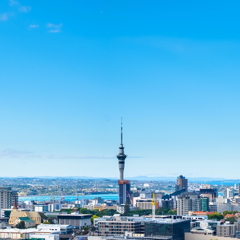 Panorama, Landscape of Auckland City, New Zealand with the sea, tower, blue sky and cloud. View from Mt. Eden